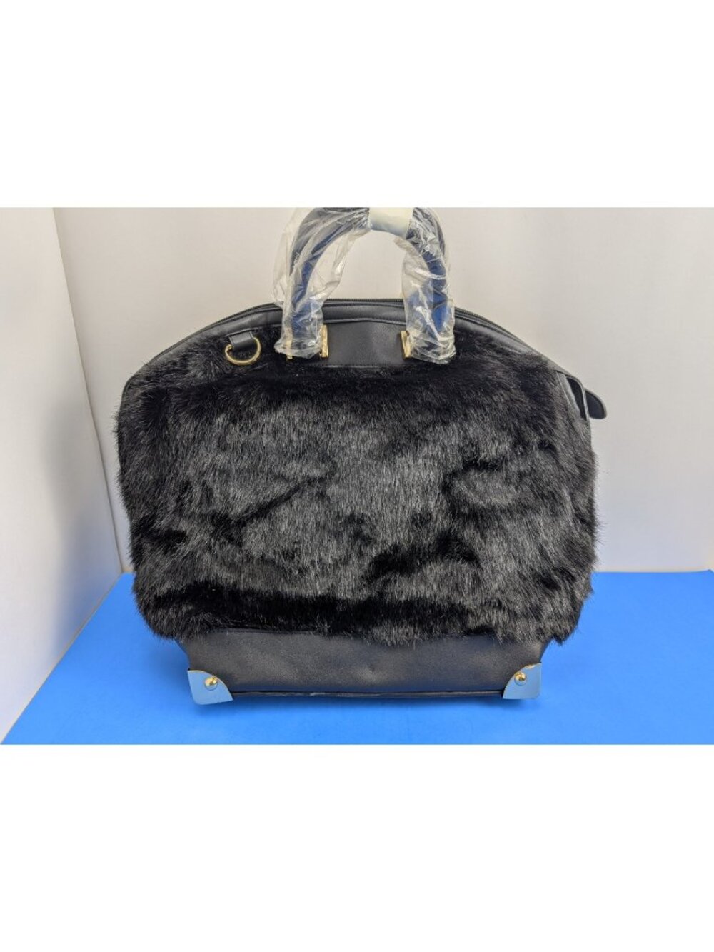 Women's Genuine Mink Fur Black Bowler Bag Purse Black Gold Bling